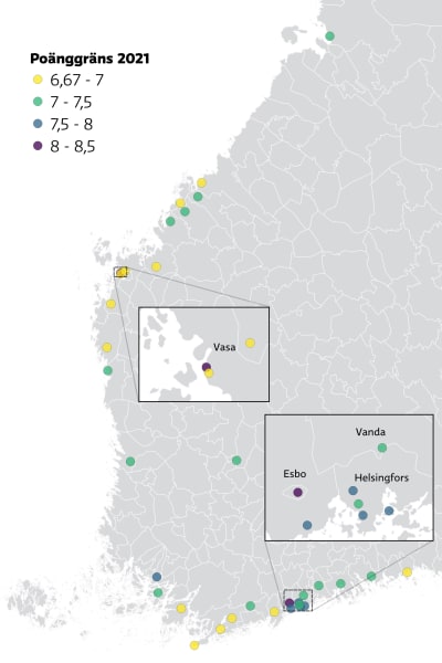 Karta som visar svenskspråkiga gymnasiers poänggränser år 2021.