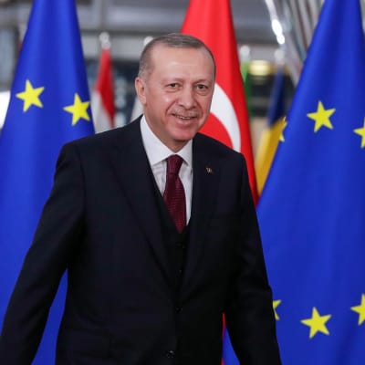 En leende president Erodgan framför EU:s och Turkiets flaggor