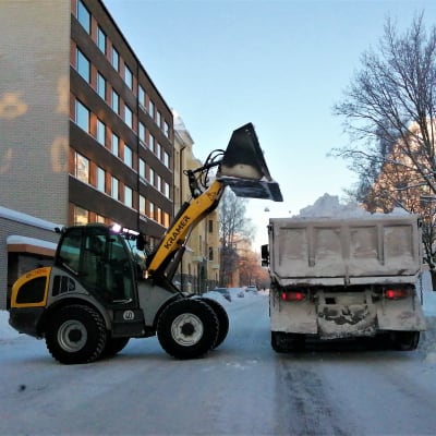 Kauhakuormaaja kippaa lunta Vaasan Koulukadulla kuorma-auton lavalle.