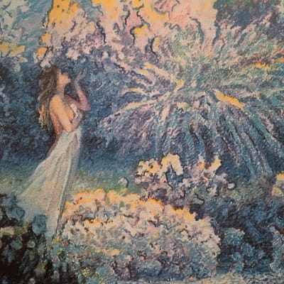 En målning av en kvinna som doftar på blåa buskar.