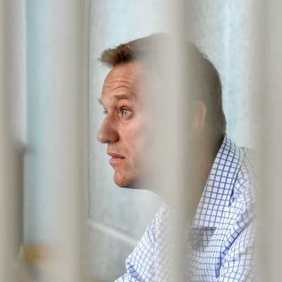 Aleksej Navalnyj fotograferad genom galler.