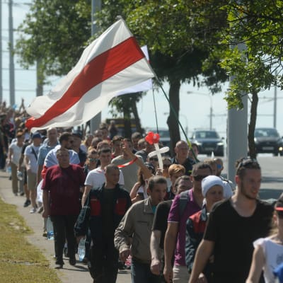 Demonstranttåg i Belarus som protesterar mot regimen.  