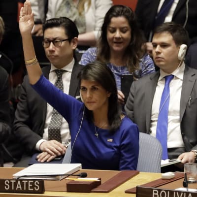 Nikki Haley röstar i FN:s säkerhetsråd.