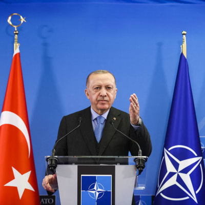 Recep Tayyip Erdogan står vid ett talarpodium och pratar. Han gestikulerar med handen. I bakgrunden Natos och Turkiets flaggor.