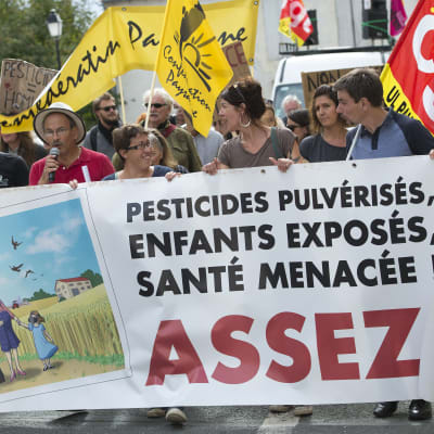 Demonstration mot bekämpningsmedel nära Bordeaux i oktober 2017.  Den franska regeringen har meddelat att den kommer att rösta mot ett förlängt tillstånd för glyfosat.