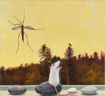Katarina Reuter: Näköaloja (tavla föreställande mus som blickar ut genom ett fönster)