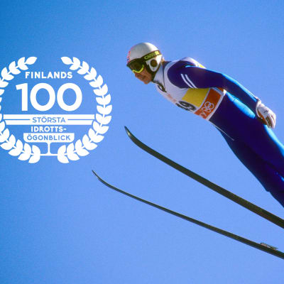 Matti Nykänen, med logon för Finlands 100 största idrottsögonblick.