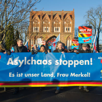AfD-anhängare demonstrerar mot asylpolitiken i Neubrandenburg.