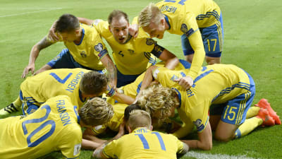 Svenska spelarna firar Marcus Bergs mål, Sverige-Holland, hösten 2016.