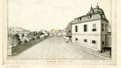 Akademitorget i Åbo 1795. Lavering av Carl Peter Hällström. Till höger akademibyggnaderna med domkyrkan strax bakom.