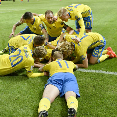 Svenska spelarna firar Marcus Bergs mål, Sverige-Holland, hösten 2016.