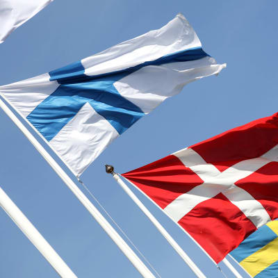 den finska, danska och svenska flaggan i hård blåst