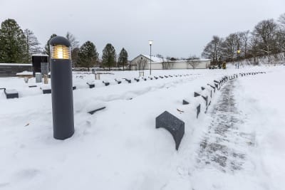 Lumisessa maastossa on harmaita kivipaaseja. Ne ovat tasaisessa järjestyksessä. 