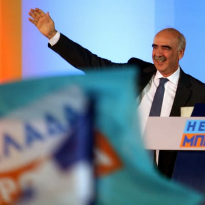 Vangelis Meimarakis som leder det konservativa partiet Ny demokrati talar vid ett valmöte i Aten den 17 september 2015.