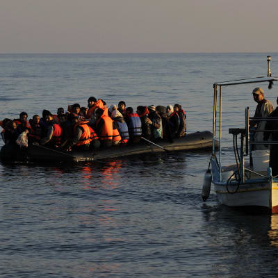 Flyktingar lotsas i land av grekiska fiskare.