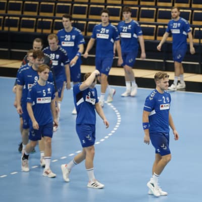 Finlands handbollsherrar tågar in i rad.