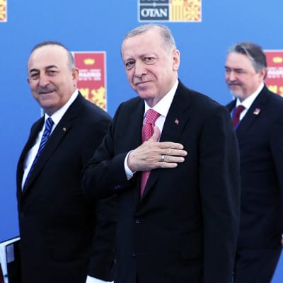 Turkin ulkoministeri ja presidentti kävelevät Naton huippukokouksessa.