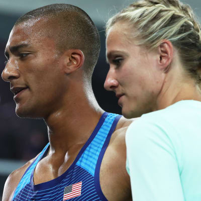 Ashton eaton gratuleras av sin fru Brianne Theisen-Eaton efter OS-guldet i Rio de Janeiro.