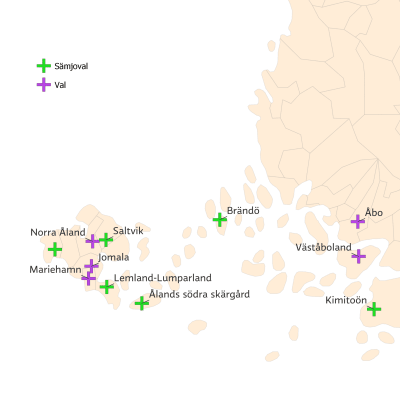 Karta över sämjoval i svenskspråkiga församlingar i Åboland och Åland i församlingsvalet 2022. I Kimitoön, Brändö, Ålands södra skärgård, Lemland-Lumparland, Saltvik och Eckerö-Hammarland är det sämjoval, det vill säga inget egentligt val ordnas.