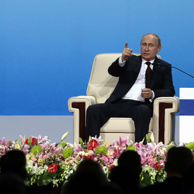 Vladimir Putin svarar på frågor under Apec-toppmötet i Peking 10.11.2014.