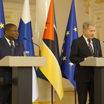 Mosambikin presidentti Filipe Jacinto Nyusi ja Suomen presidentti Sauli Niinistö pitävät lehdistötilaisuutta seisoen presidentin linnassa.