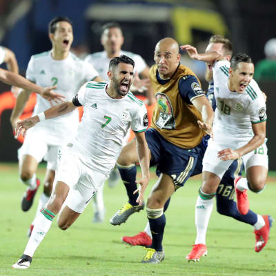 Algeriets landslagsspelare firar ett mål.