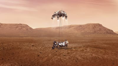 En vision av laboratoriefarkosten Perseverance då det släpps ned på Mars yta.