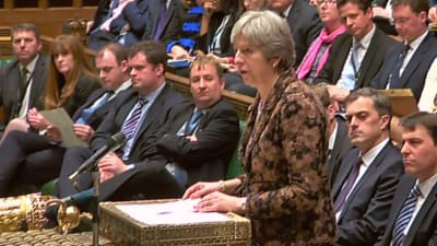 Storbritanniens premiärminister Theresa May under talet i parlamentet på måndagen. 
