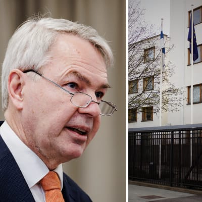 Bildcollage, Pekka Haavisto till vänster och till höger Finlands ambassad, ett kontorshus omgivet av stålstängsel.
