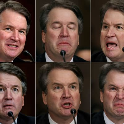 Sex bildler av Brett Kavanaugh under argt vittnesmål i senaten.