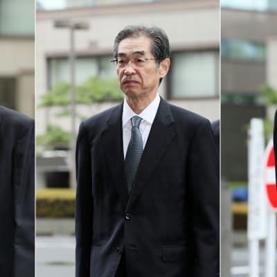 Tepcos före detta direktör Tsunehisa Katsumata (till vänster) och före detta vice direktörer Ichiro Takekuro (i mitten) och Sakae Muto på väg till rättegången i Tokyo.
