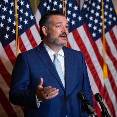 Bild på senatorn Ted Cruz framgör en rad amerikanska flaggor.