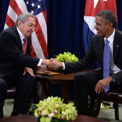 USA:s president Barack Obama skakar hand med sin kubanska kollega Raul Castro i FN.