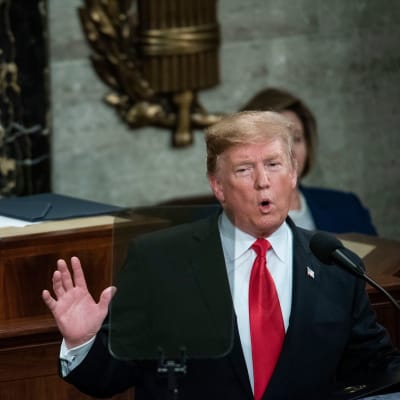 Donald Trump käsi pystyssä. Taustalla Nancy Pelosi.