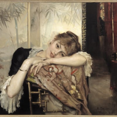 Albert Edelfeltin maalaus Virginie, jossa kaunis nuori nainen nojaa tuolin selkään ja hymyilee arvoituksellisesti