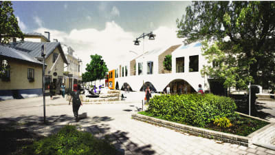 En skiss över det nya huset som planeras på Köpmansgatan 7 i Pargas.