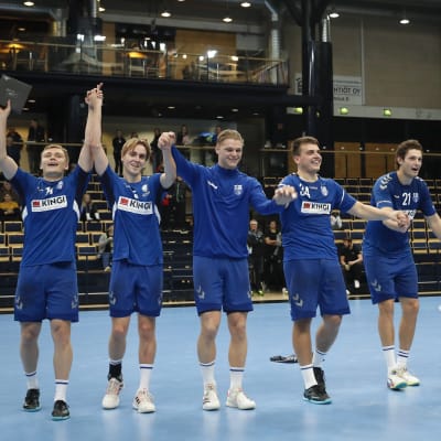 Finlands handbollsherrar firar seger.