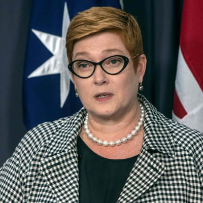 Australiens utrikesminister Marise Payne under en presskonferens som hon höll tillsammans med Storbritanniens utrikesminister Dominic Raab i början av februari i Canberra. 