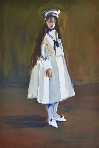 Målning av kvinna med långt brunt hår, iklädd vit sjömansklänning och hatt.