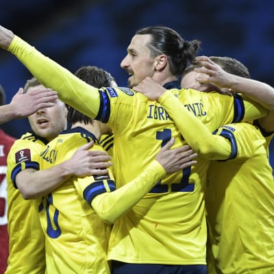 Zlatan Ibrahimovic jublar med sina lagkamrater efter Sveriges seger över Georgien i VM-kvalet.