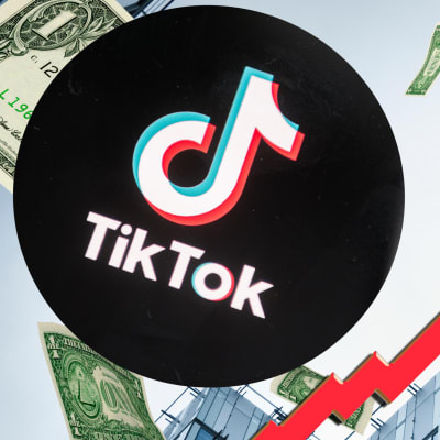 Montage av flera bilder. I bakgrunden en skyskrapa och pengar som faller ner från himlen. I förgrunden en pil som pekar uppåt och Tiktoks logo.