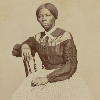 Mustavalkoisessa valokuvassa Harriet Tubman istuu tuolilla oikea käsi tuolin selkänojalla, vasen käsi sylissään. Hänellä on suuri ruutukuvioinen hame.