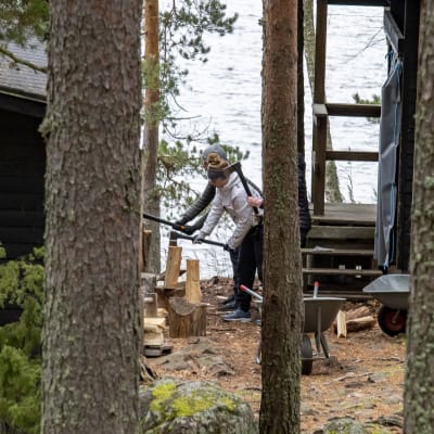 Nuoria tekemässä polttopuita.