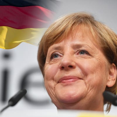 Angela Merkel. Tysklands flagga har redigerats in i bakgrunden.