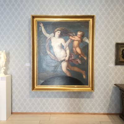 Målning av naken kvinna och amorin.