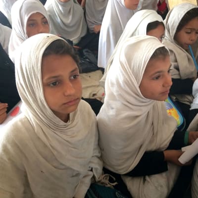 Afghanska flickor i vita huvuddukar undervisas i tältskola