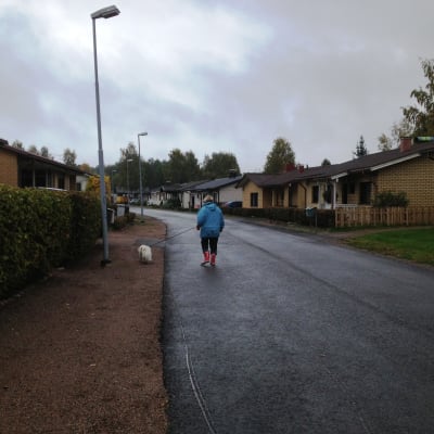 Kvinna rastar hund på gata