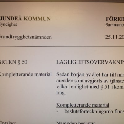 Grundtrygghetsnämndens föredragningslista i Sjundeå.