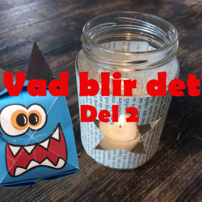 Liten lykta gjord av glasburk och papper ur en bok