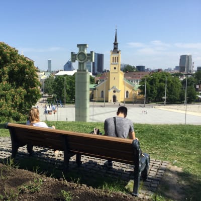 Vy över Frihetstorget i Tallinn med monumentet över segern i frihetskriget
